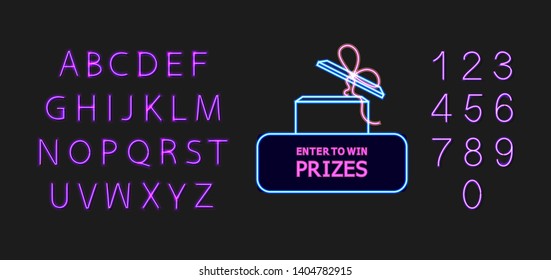 Vector Neon Enter to Win Prizes Icon, Glowing Numbers and Lettering, Shining Font, Blue and Violet Colors, Isolated on Dark Background Set.