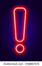 Vector neon exclamation mark in red color. isolated exclamation point element glowing on a dark blue background for a design template. a symbol of attention and anxiety.Line art neon red exclamation 