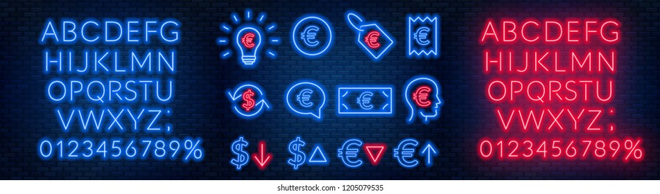 Vector neon financial signs on dark background. Signs of currency exchange, currency appreciation and depreciation, prices, business ideas, speech bubble and others. Neon alphabets with numbers.