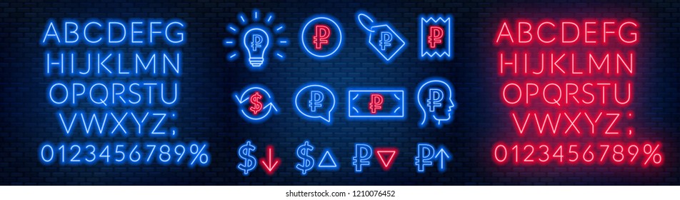 Vector neon financial signs on dark background. Signs of currency exchange, currency appreciation and depreciation, prices, business ideas, speech bubble and others. Neon alphabets with numbers.