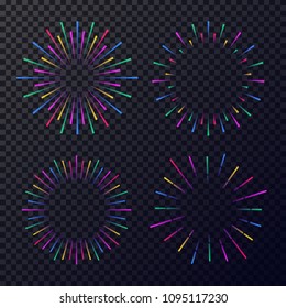 Vector neon fireworks set isolated on dark transparent background. Star, sunburst, rays of light for tag, emblem, logo, stamp, logotype, t shirt, banner. 10 eps
