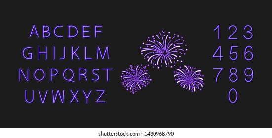 Vector Neon Fireworks and Shining Font Isolated on Black Background, Design Elements Set, Celebration Concept, Festive Illustration.