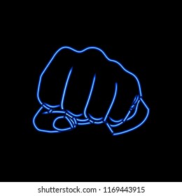 Vector Neon Fist, Human Hand Gesturing, Bright Blue Light on Dark Background.