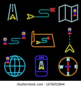 conjunto de iconos de diseño plano de neón vectorial conjunto de símbolos de dirección de navegación de ruta aislado
