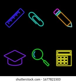 vector neon flat design icon set of education equipment tool symbol, like sketch, pencil, calculator and more illustration isolated
