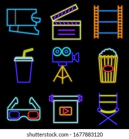 vector neon flat design icon set of cinema symbols, like popcorn, tickets, projector, camera and more illustration isolated