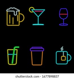 vector neon flat design icon set of different drinks symbol, like beer, wine, coffee and more illustration isolated