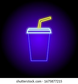 Vektorillustration Neon flach Symbol aus Glas mit Mineralwasser oder Natron mit Stroh einzeln