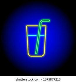 vector neon flat icon of glass with mineral water or soda with a straw isolated