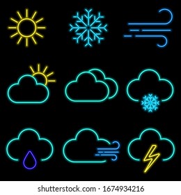 vector neon flat icon set of wether meteo isolated