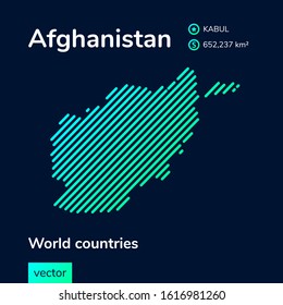 Vector neon flat map of Afghanistan with green, mint, turquoise striped texture  on dark blue background. Educational banner, poster about Afghanistan