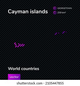 Vector neon flat map of Cayman islands with violet striped texture on black background.