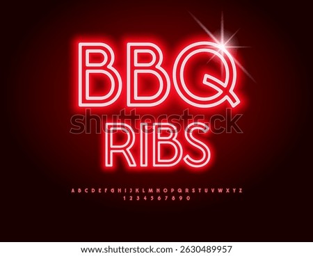 Vector Neon flyer BBQ Ribs. Trendy Glowing Alphabet Letters and Numbers. Electric Red Font.