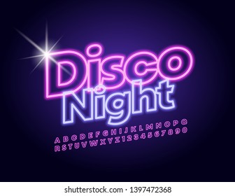 Vector Neon flyer Disco Night with Uppercase Alphabet Letters and Numbers. Illuminated Bright Font