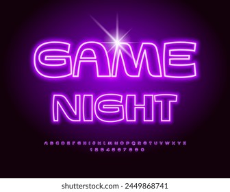 Vector neon flyer Game Night with retro style purple glowing Font. Bold Alphabet Letters and Numbers set