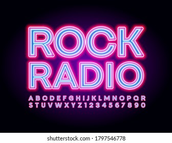 Vector neon flyer Rock Radio. Glowing bright Font. Blue and Pink electric Alphabet Letters and Numbers