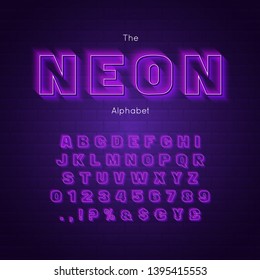 Vector neon font and alphabet. Glowing numbers and letters