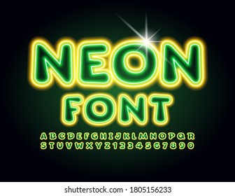 Vector Neon Font. Bright glowing Alphabet. Yellow and Green electric Letters and Numbers set