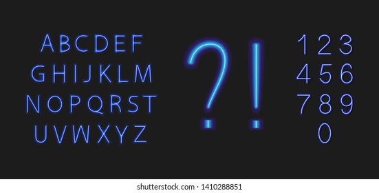Vector Neon Font, Exclamation and Question Blue Neon Marks Isolated on Black Background, Design Elements Collection.