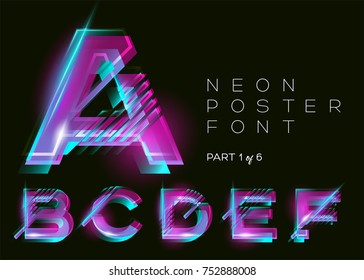 Vector Neon Font. Glowing Colorful Alphabet On Dark Background. Glitch Effect. Vibrant Pink, Blue, Purple Colors. Futuristic Typeset For DJ Music Poster, Night Club, Sale Banner, Fest. Isolated.