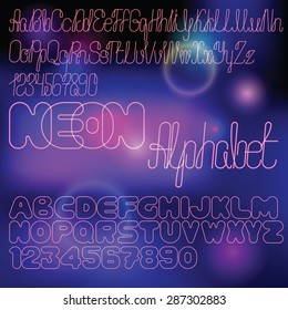 Vector Neon Font On Blurred Abstract Background With Sparkles. Alphabet Set Includes Letters And Numbers In Two Styles - Retro Cursive And Bold Rounded