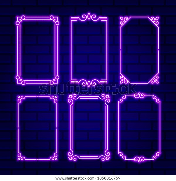 Vector\
neon frame collection with glowing lamps. Thin line electric border\
design isolated on blue wall. Editable\
template