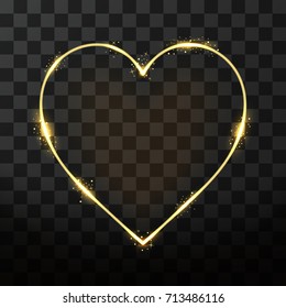 Vector neon frame in heart shape on transparent background. Golden frame with glow effect