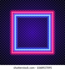 Vector neon frame square shape colorful style on transparent background for poster party, cafe, shop, banner, promotion, restaurant. Bright signboard. 10 eps