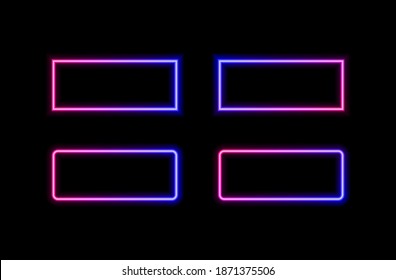 Vector Neon Frames Set Isolated on Black Background, Gradient Bright Ultraviolet Light, Rectangular Shapes, Sharp and Round Corners.