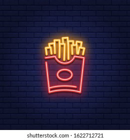 Vector neon french fries icon. Glowing potatoes in red package box logo background. Line street food sign illustration. Modern concept for cafe, stall, restaurant, delivery