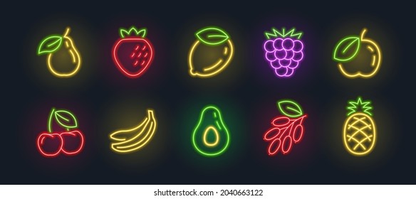 Vector neon fruits isolated linear set. Neon fruits illuminated icons