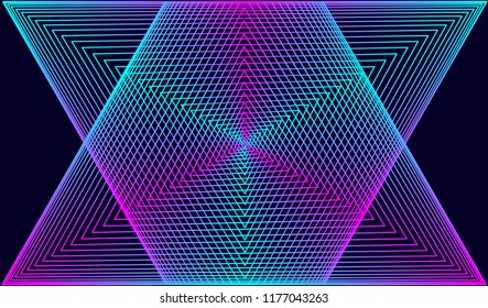 Vector neon geometric background with intersecting luminous triangles on a dark space. Element for posters, flyer, banners and your design
