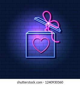 Vector Neon Gift Box with Heart, Ultraviolet, Isolated Luminous Icon on Dark Brick Wall Background.