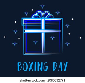 Vector neon gift box illustration. Boxing day, Merry Christmas and New Year greeting card