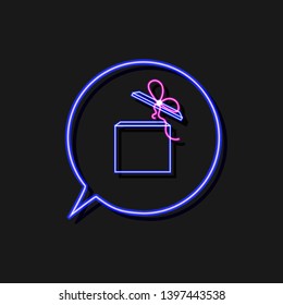 Vector Neon Gift Box in Talk Bubble Blue Frame Isolated on Black Background, Bright Light, Icon Template.