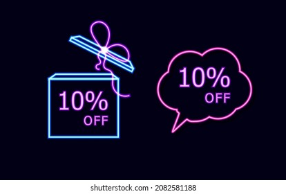 Vector Neon Gift Box and Talk Bubble, 10 Percent Off Sign, Glowing Icons Isolated on Dark Background, Sale, Neon Lines Illustration.