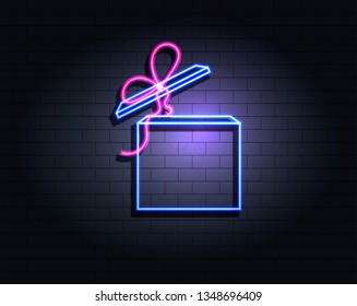 Vector Neon Gift Box, Ultraviolet Colors, Isolated Luminous Icon on Dark Brick Wall Background.