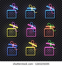 Vector Neon Gift Boxes Set Isolated on Dark Transprent Background, Shining Illustrations, Open Box, Colorful Icons.