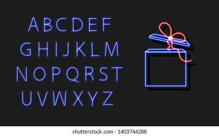 Vector Neon Gift Sign and Alphabet Isolated on Dark Background, Bright Blue Light, Blank Design Tempate, Night Signboard, Advertising.