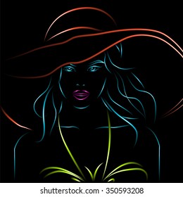 Vector neon girl in bikini and hat on a black background.. EPS illustration.