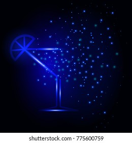 Vector Neon Glass with Spray of Wine. Beautiful festive background. Suitable for decoration of holiday cards, posters, albums, banners, window dressing.