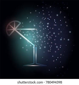 Vector Neon Glass with Spray of Wine. Beautiful festive background. Suitable for decoration of holiday cards, posters, albums, banners, window dressing.