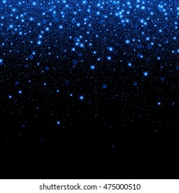 Vector neon glitter particles background effect for luxury greeting rich card. Sparkling blue texture. Star dust sparks in explosion on black background.
