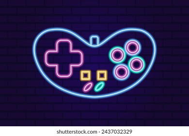 Vector neon glow game controller gamepad icon. Colored outline joystick element flat style on night dark background. Gamer device collection