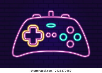 Vector neon glow game controller gamepad icon. Colored outline joystick element flat style on night dark background. Gamer device collection