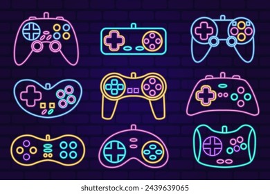 Vector neon glow game controller gamepad icons set. Colored outline joysticks elements flat style on night dark background. Gamer device collection.