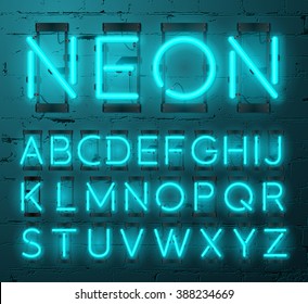 Vector neon glowing alphabet font isolated on brick wall background