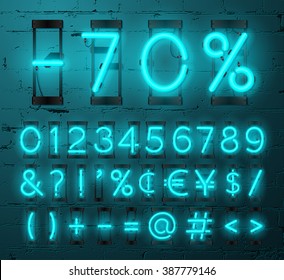 Vector neon glowing alphabet with numbers and punctuation marks, luminous font on brick wall background