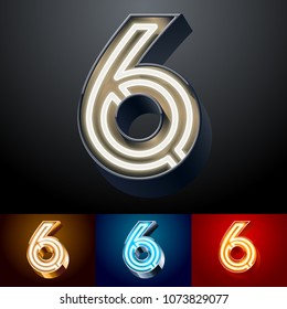 Vector neon glowing Alphabet set. Different colors Font. Number 6