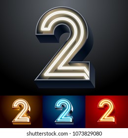 Vector neon glowing Alphabet set. Different colors Font. Number 2